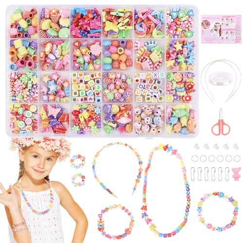 VFANDV Perlen zum Auffädeln Kinder Schmuck Schnurset, Perlen zum Auffädeln, DIY Freundschaftsarmbänder Halsketten Kunsthandwerks-Set für Mädchen Kinder, Schmuck Basteln Mädchen für Mädchen 3-15 Jahre