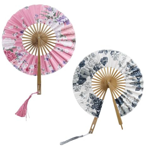 GZGXKJ Lot de 2 Éventails à Main Éventail Japonais Eventail Rond Pliant | Tissu Soie Bambou Éventail Pliable en Bois, Pour la Danse Femme Mariage Fête Décoration