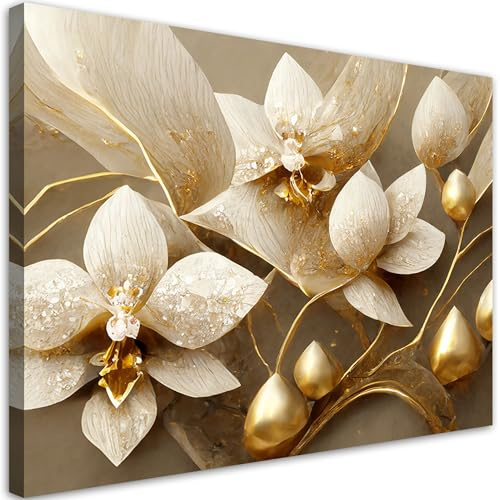 Feeby Bilder - Foto Geschenk - 3D Orchidee Blumen Gold - 120x80 1tlg - Leinwandbilder Wohnzimmer - Wandbild über dem Bett - Bild Schlafzimmer - Aesthetic Zimmer Deko - Modern Pictures