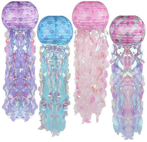 4 Stück Papier Laterne Hängedekoration Papier Lampions für Geburtstag Partydekorationen Meerjungfrauen Partydekorationen Partyzubehör mit Meeresmotiven Ozean Thema Party Lieferungen