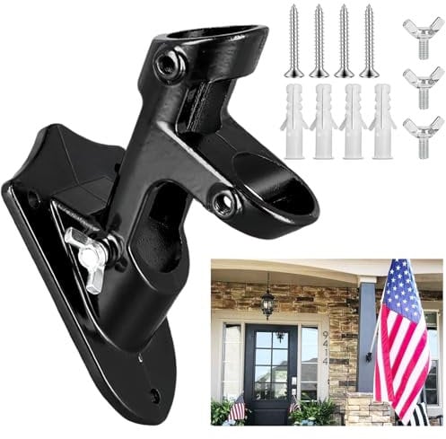 Flag Pole Holder Adjustable, Black Aluminum Alloy Wall Mounted Flag Pole, Flag Pole Mounting Bracket Strong and Rust Free, with Expansion Tube, Screw, for Outdoor Porch Yard House Garden Truck
