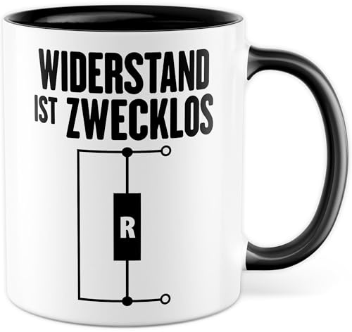 Elektriker Tasse mit Spruch - Geschenk Widerstand ist Zwecklos - R - Kaffeetasse aus Keramik 330ml - Techniker Geselle Auszibildender Ingeniuer Beruf Geschenkidee Kaffee-Becher