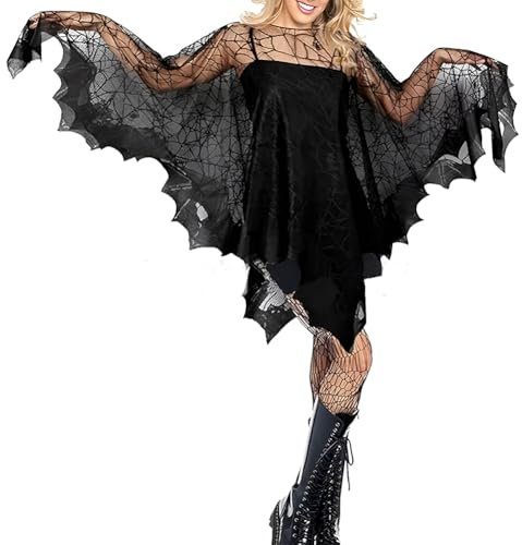 Halloween Umhang Damen Mädchen Spitze Poncho Schwarz Übergröße Spinnennetz Kostüm Halloween Karneval Kostümparty Halloween Kostüme Fledermaus Zubehör