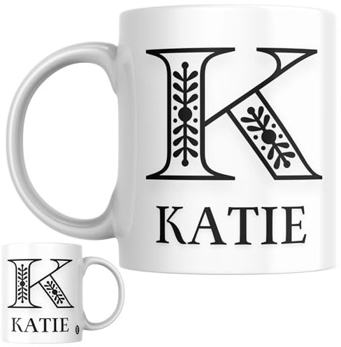 Designs of note! Katie Personalised Initial Name Mug | Letter K Decorative Coffee Cup for Her | Novelty Elegant Gift for Women or Girls Called Katie