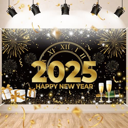 BraMccer Großes Happy New Year Banner, Silvester Deko 2025 Set, Neujahrs Hintergrund, Schwarz Gold Partydekoration für Neujahr