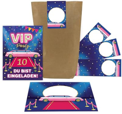 Junaversum 12 Einladungskarten zum 10. Kindergeburtstag Mädchen VIP Disco Mädchengeburtstag Einladungen zehnte Geburtstag incl. 12 Umschläge, 12 Tüten, 12 Aufkleber