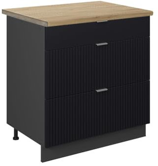 Vicco Küchenunterschrank Fame-Line, Schwarz gestreift, 80 cm mit 3 Schubladen, AP Eiche