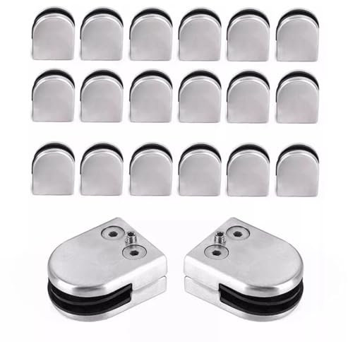 20 Stück Glashalter Verstellbare Glasklemmen Abstandhalter Klemmhalter Glasplattenhalter für 8-10 mm Glas, für Geländer, Treppen, Handläufe, Silber, 52 x 43 x 24 mm