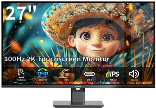 Pisichen Touchscreen Monitor 27 Inch 2K 100Hz Gaming Monitor, QHD 2560x1440 IPS PC Monitors, 10-Point Multi Touch Screen Computer Monitors, USBC HDMI VGA Ports, Built-in Speakers