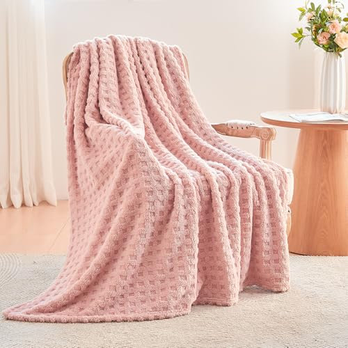 Wajade Fleece Throw Blanket, Fluffy Faux Fur Throw for Bed Sofa Couch, Soft Warm Thick Blanket,waffle Pink-127X178