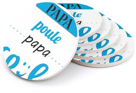 sous Verre Ronds en céramique - Papa Poule Papa Cool Bleu Fete des Pere - Lot de 6 (108 x 108 mm)