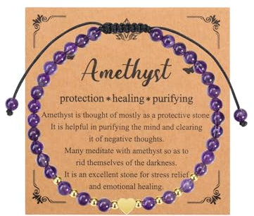 CrystalTears Amethyst Armband Damen verstellbarer 4mm Beads Perelenarmband mit Gold Herzanhänger Reiki Talisman spirituelle Geschenke