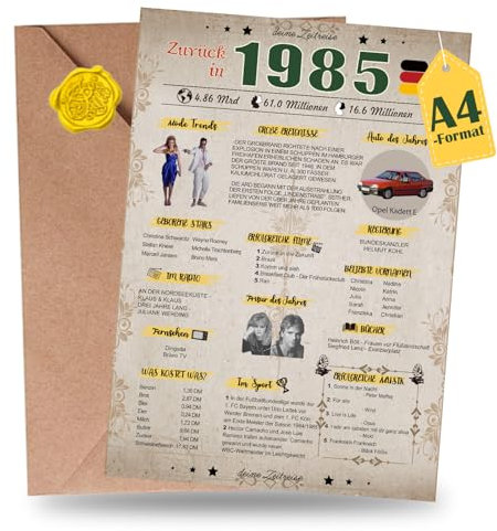 Sugeru Besondere Geburtstagskarte 40 mit Umschlag | 1985 Jahrgang Geschenk | 40 geburtstag frau mann | Sechzigsten Geburtstagsdeko lustig,Tolle Geschenkidee,Chronik,Karte,Jubiläum- DIN A4 (40 Jahre)