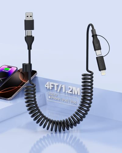 Car CarPlay Cable for iPhone 16,USB C/USB to USB-C/Lightning Coiled 4-in-1 USB-C Cable 4FT Car Charger Cord for iPhone 16, 14,15 Samsung Galaxy, Google Pixel,Supports Apple CarPlay & Android Auto