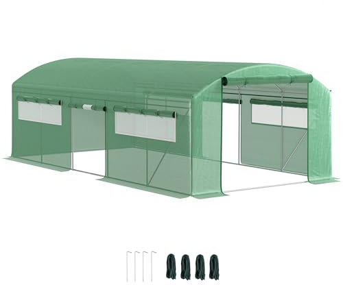 Outsunny Invernadero de Exterior 6x3x2 m Invernadero de Túnel con 6 Ventanas de Malla Cubierta de PE Anti-UV y 3 Puertas Enrollables con Cremallera Invernadero para Jardín Patio Verde