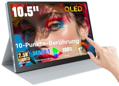 10,5 OLED Touchscreen Tragbarer Monitor, 2.5K 2560x1600, 100% NTSC, 54000:1 Kontrast, Mini Second Touch Display mit Schutzhülle & Lautsprecher, USBC, HDMI, kleiner Bildschirm für Laptop Mini PC phone