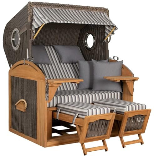 MR. DEKO® Strandkorb Schillig 2,5-Sitzer Teak | PE Geflecht Grey | Volllieger Strandstuhl mit Bullauge inkl. 2 Fußablagen | je 2 Kissen und Nackenkissen | Strandkörbe aus Teak Vollholz (Dessin 545)