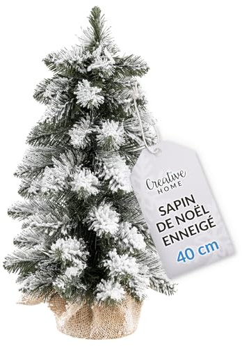 Creative Home Mini Artificial Snowy Christmas Tree with Stand | Size 40 cm | Miniature Frosted Snow-Covered Little Xmas Tree Small Cone Branches | White Winter Twigs Cut Ends | Indoor & Outdoor