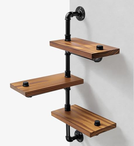 Tanice Industrial Pipe Shelf with Solid Wood Board, 3-Tier Industrial Pipe Wall Mount Shelves for Kitchen, Bedroom, and Office, Vintage Style Storage Solution