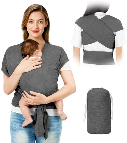 AOOWU Babytrage Tragetuch Baby Neugeborene bis 15 kg - Freihändiges Babytragetuch -Einfach Anzuziehen für Mütter und Väter - Babytrage Multi-Use Babywickel Träger(Dunkelgrau)