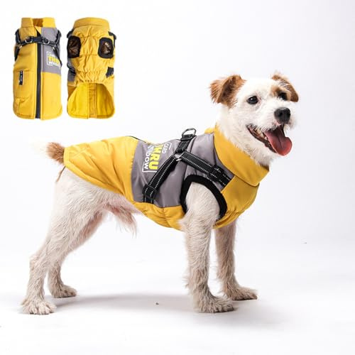 Hundemantel Winter Hundejacke Haustier Skifahren Kostüm Wasserdicht & Winddicht,Ärmellose Baumwolle Gepolsterte Weste mit Reflektoren Reißverschluss (Gelb, M)