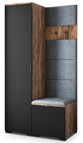 Masseno Flugarderoben Set Lori, Kleiderschrank-Set mit Sitzbank, Garderobenschrank Flur mit 3 Regalböden, Eiche Lefkas/Schwarz