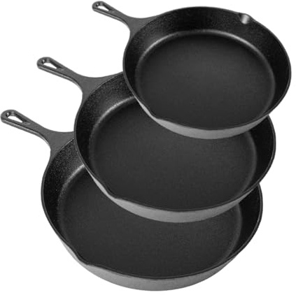 LUSKSk 3-Teiliges Pfanne Gusseisen,Voreingebrannte,Stapelbar,17/21/26 cm | Gusseisenpfanne mit Ausgusslippen,Unbeschichtet,Induktionsgeeignet & Backofentauglich für Steak Spiegeleier Backen