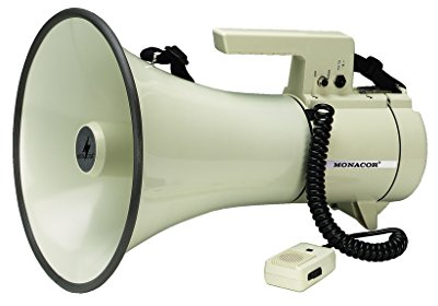 MONACOR TM-35 Megafon mit Hand-Mikrofon und schaltbarer Sirene, 35 Watt Megaphon mit Sprech-Feststelltaste, Schultergurt, Kfz-Anschlusskabel und Tragegriff, in Beige