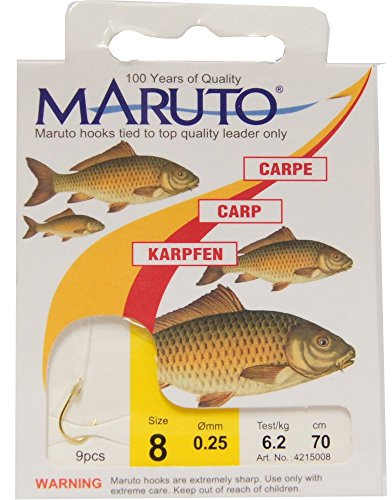 Maruto Karpfenhaken gebunden goldfarben 70cm, Größe/Tragkraft/Durchmesser/Inhalt:Gr.8/6.2kg/0.25mm/9 Haken pro Packung