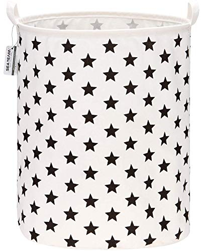 Sea Team 19.7 Inch Large Sized Waterproof Coating Ramie Cotton Fabric Folding Laundry Hamper Bucket Cylindric Burlap Canvas Storage Basket with Stylish Black Stars Design