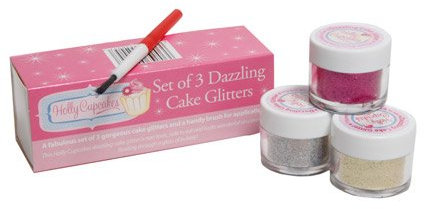 Holly Cupcakes Set of 3 Stunning Sparkly Decorating Glitters with Application Brush: Silver, Gold and Pink