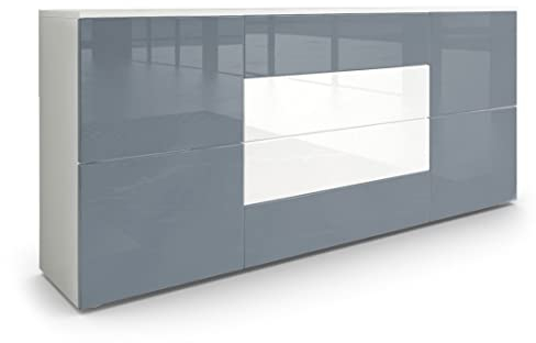 Vladon Sideboard Rova, Made in Germany, Kommode mit 4 Türen und 4 Schubladen, Weiß matt/Grau Hochglanz/Weiß Hochglanz (166 x 72 x 35 cm)