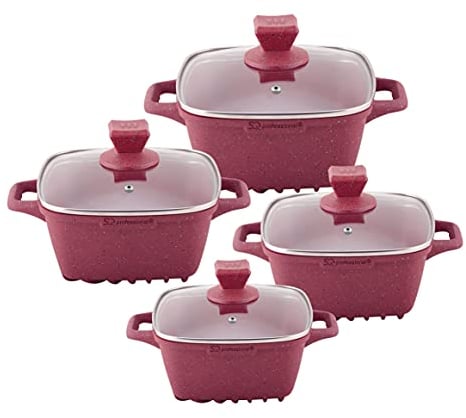 SQ Professional NEA Marbell Square Die-Cast Stockpot Set with Non-Stick Coating Aluminium Cooking Pan Sets Cooking Pot for Gas hobs 4pc (Rossa)