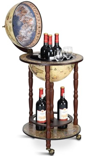 COSTWAY Bar Globe Terrestre Vintage Mappemonde en Bois d'Eucalyptus, Porte-Bouteilles Minibar Roulant 16e Siècle pour Bar, Salle à Manger, Salon, Cave à Vin