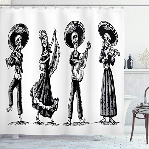 ABAKUHAUS Dia De Los Muertos Duschvorhang, Skelette Musik, Stoffliches Gewebe Badezimmerdekorationsset mit Haken, 175 x 200 cm, Charcoal Grau Weiß