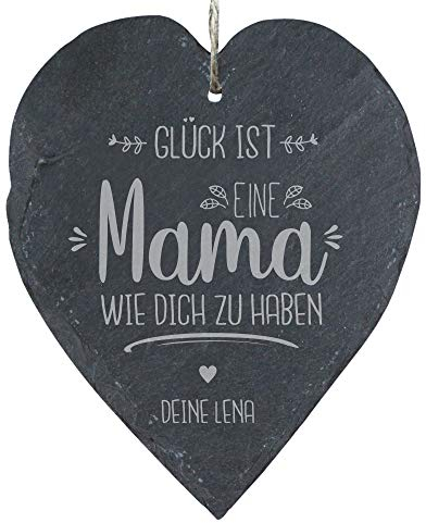 4you Design Schieferherz mit Gravur Glück ist eine Mama wie dich zu haben, mit Personalisierung, zum Muttertag, Geschenk für Mama, Deko Herz für Wand und Tür mit Kordel zum Aufhängen (23x27cm)