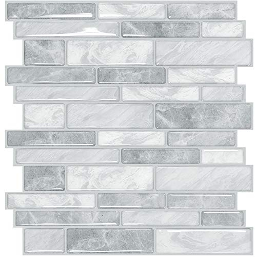 Yoillione 10 Sheets Peel and Stick Wall Tiles for Kitchen, Waterproof Backsplash 3D Vinyl Self Adhesive with Marble Brick Effect, Grey for Bathroom, 12x12