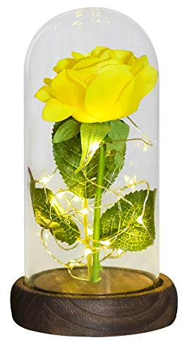 NGHSDO Forever Rose Red/White/Black Eternal Rose Flower In Glass Dome With Light Wooden Base Gifts For Women Eternal Rose (Color : Yellow flower)
