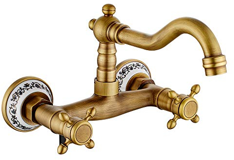 Robinet de Cuisine Mural Ancien Mitigeur Robinet Retro Bronze Antique Rotation 360 ° Double Contrôle Prune Croix Volant Robinet de Cuisine (Antique)