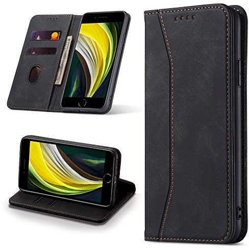 Leaisan Handyhülle für iPhone SE 2022/iPhone SE 2020 Hülle, iPhone 8/iPhone 7 Hülle, Premium Leder Flip Klappbare Stoßfeste Magnetische [Standfunktion] [Kartenfächern] Schutzhülle Tasche - Schwarz