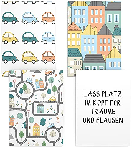 Papierschmiede® Kinderposter 4er Set, DIN A4 (21x30 cm) Wanddeko, Geschenk für Jungen Kinderzimmer Babyzimmer, Autos bunte Häuser Straßen, Autoteppich