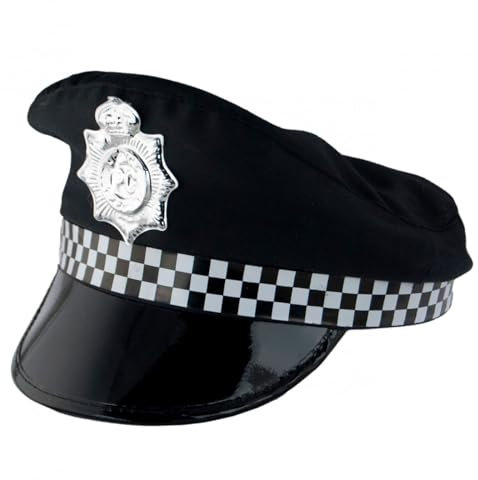 Gorra de policía local de color negro con detalles blancos para jóvenes y adultos para carnaval, Halloween, fiestas de cumpleaños u otras celebraciones. Tamaño: 16 x 24 x 30 cm