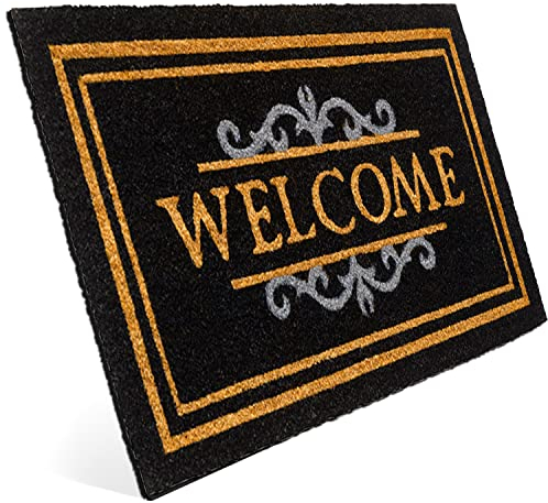 Entrando Welcome Fußmatte aus Kokos für die Haustür - innen und aussen, wetterfest, rutschfest - auch als Türdeko oder Geschenk - Schwarz, 40x70 cm