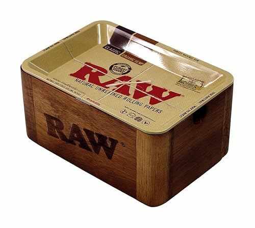 3x RAW Cache Box Mini, kompakte Holzaufbewahrungsbox mit Roll-Unterlage aus Metall