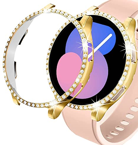 DEALELE [2-PACK Uhrengehäuse Kompatibel mit Samsung Galaxy Watch FE / 5/4 40mm, Bling Einzelne-Reihe Diamant PC Schutzhülle Ersatz Uhrenbezug Stoßstange (40mm, Gold + Transparent)