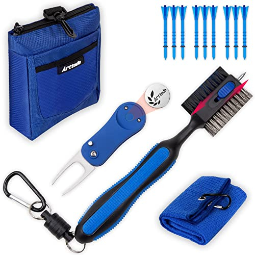 Arttodo Golf-Zubehör, Golfschläger-Reinigungsset (13-in-1) inklusive Golfschlägerbürste mit Rillenreiniger, Pitch-Reparaturwerkzeug mit Golfballmarker, Golf-Tees, Golf-Geschenke für Männer
