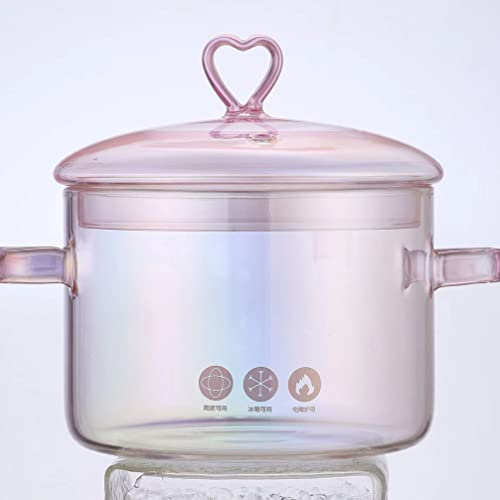 ERINGOGO HitzebestäNdiger Glas-Kochtopf Mit Deckel 1500Ml Rosa Suppentopf Mit Doppelgriffen FüR Hausgemachte Soups Instantnudeln Babynahrung Und GemüSe