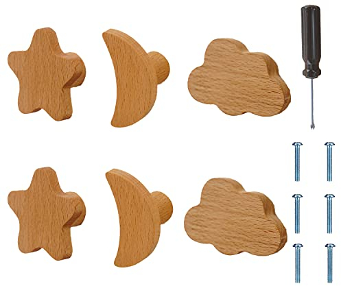 ED-Lumos 6Pcs Schrankknöpfe Mond Stern Wolke Holz Design Schublade Griffe für Haus Küche Schlafzimmer Kleiderschrank