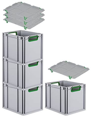 PROREGAL SuperSparSet 4x Eurobox NextGen Color mit Auflagedeckel & Schiebeschnappverschlüsse, HxBxT 32x30x40cm, 30L, Griffe grün offen, Glatter Boden, Eurobehälter Transportbox Transportbehälter