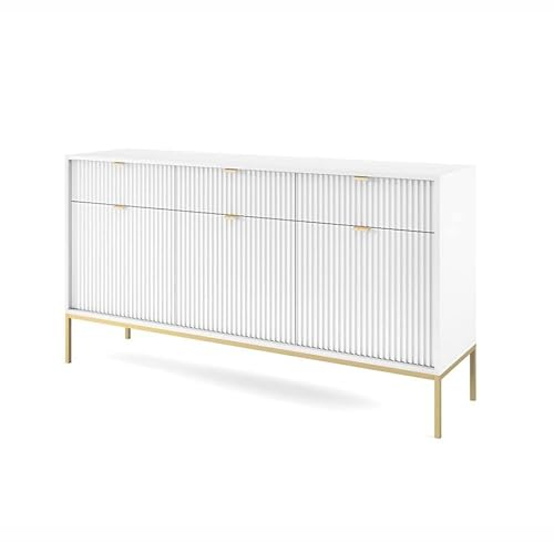 Kommode auf goldenen Beinen - Schminktisch - Mehrzweckschrank - Wohnzimmer Möbel - Flur Möbel - Kommode Schlafzimmer mit 3 Türen und 3 Schubladen - Wohnzimmerschrank 154x39x83cm (Weiß)